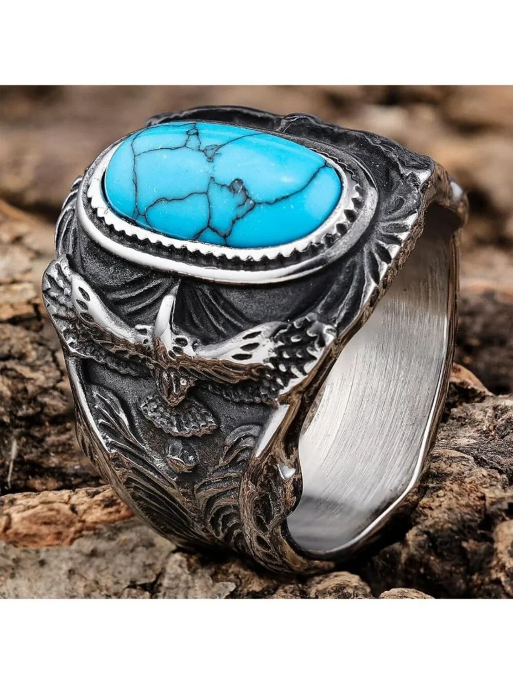Men's Vintage Turquoise Titanium Steel Ring with Eagle Design - Western Biker